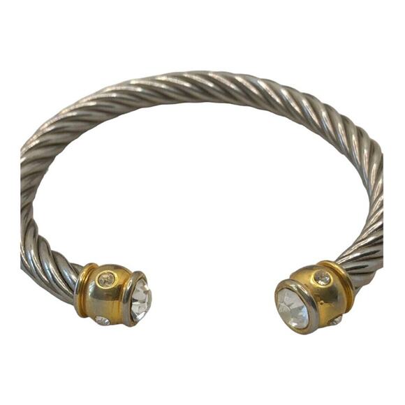 Retro Silver Rope Style Cuff Bracelet with Gold Bar on each end with rhinestones - Picture 6 of 7
